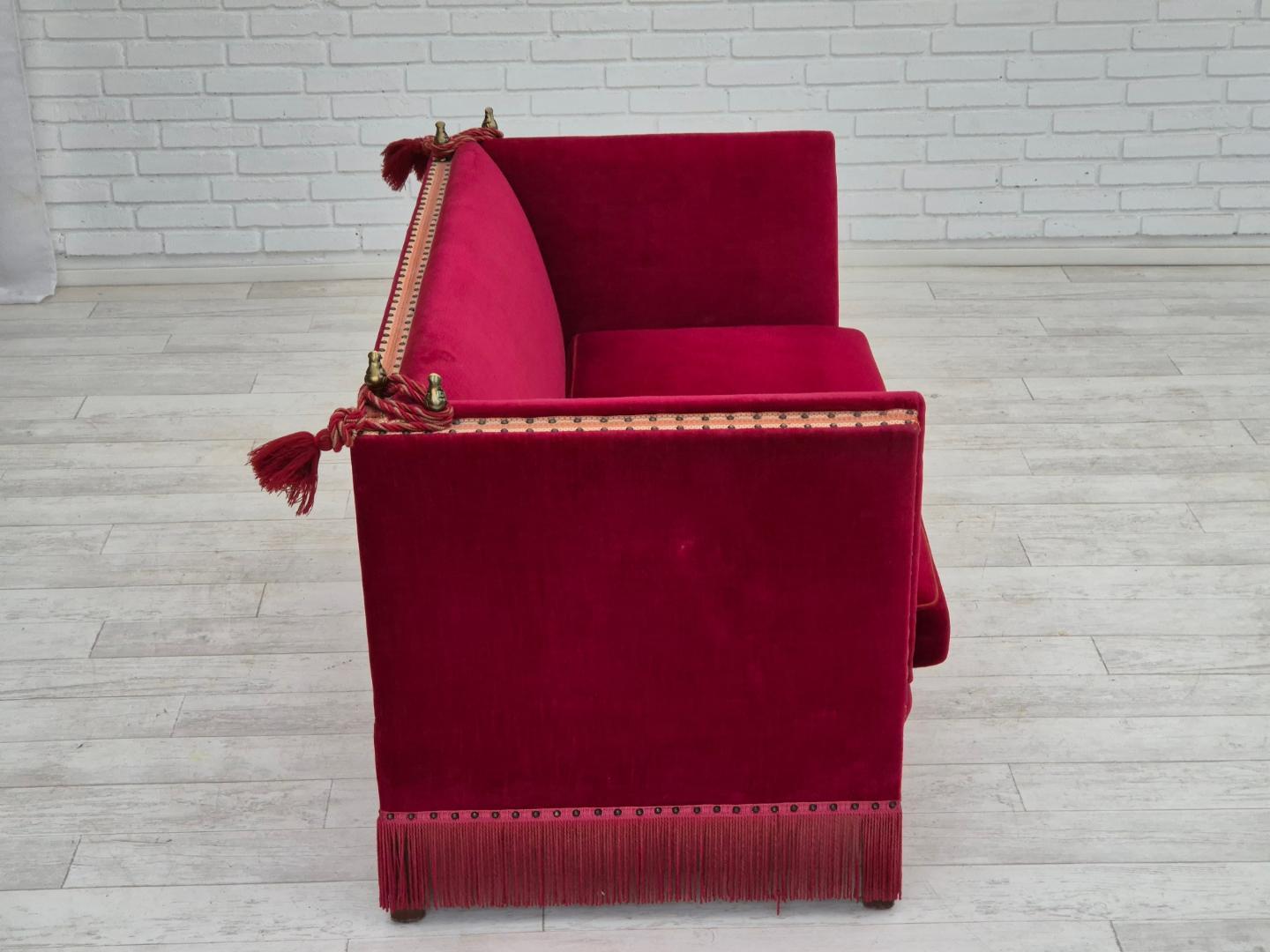 1970s, Danish velour 2 seater drop arm sofa, cherry-red velour, original condition.