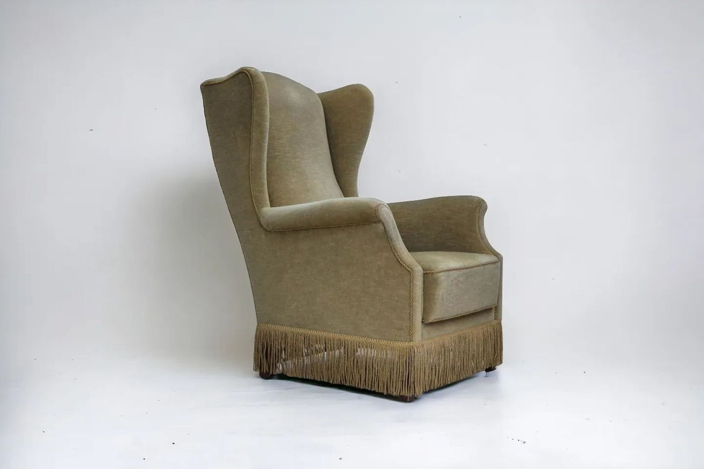 1970s, Danish design, wingback armchair, original condition, furniture velour, beech wood legs.