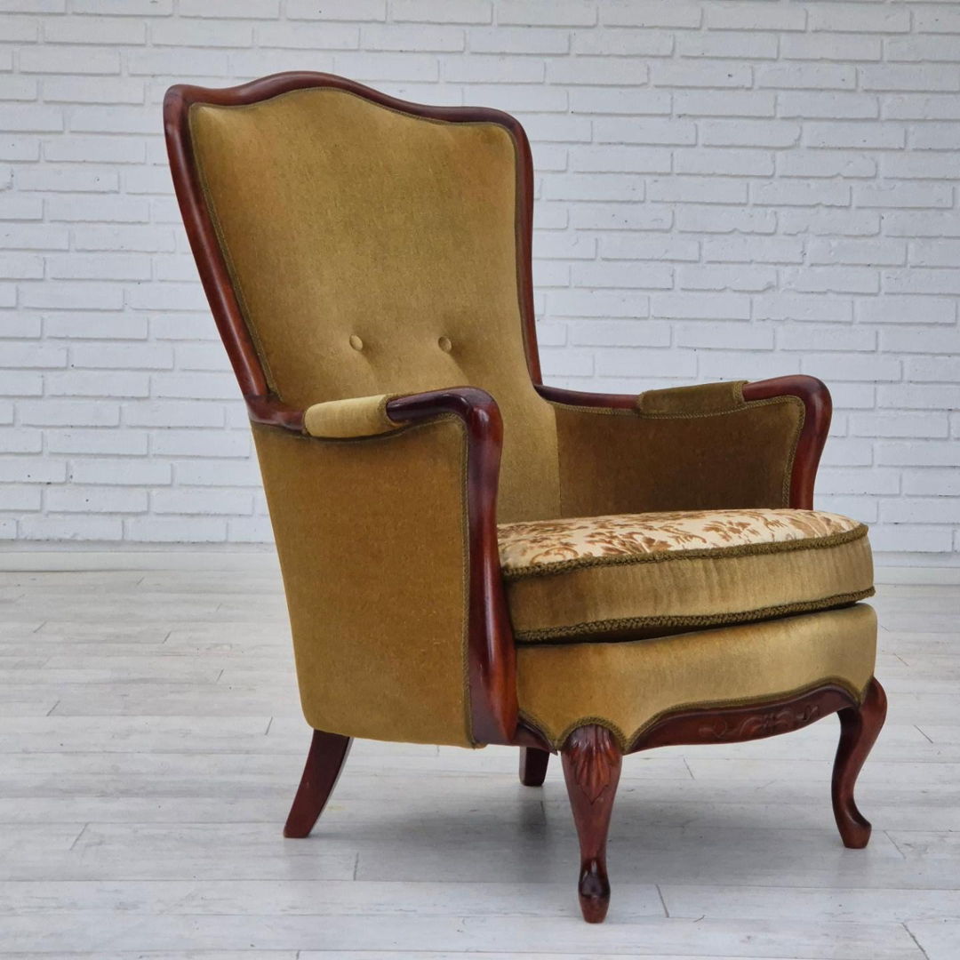 1950s, Danish highback armchair, original upholstery, green velour.