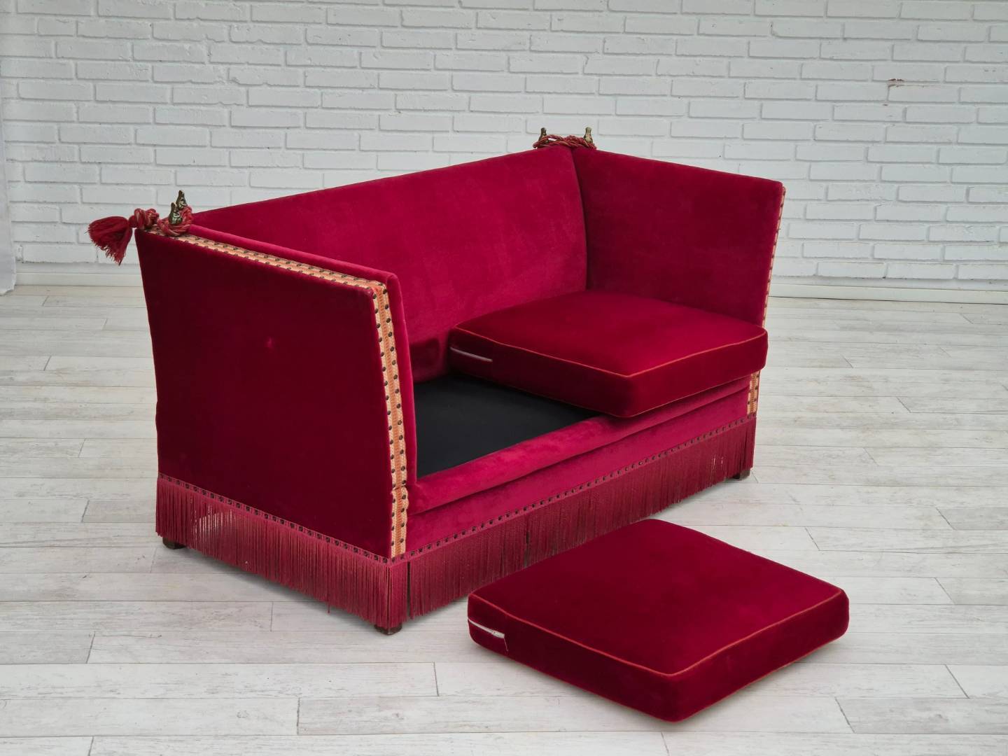 1970s, Danish velour 2 seater drop arm sofa, cherry-red velour, original condition.