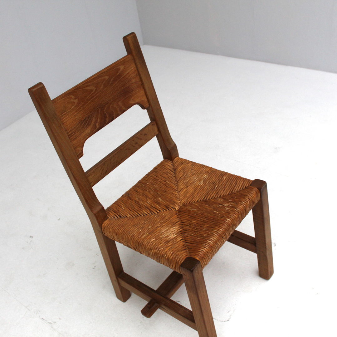 Brutalist set of 6 chairs with rush seat