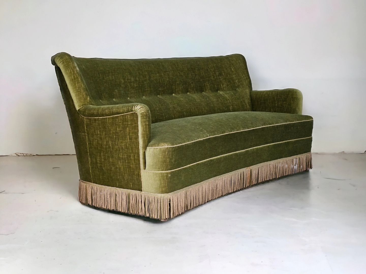 1970s, Danish 3-seater "Banana" sofa, original green velour.