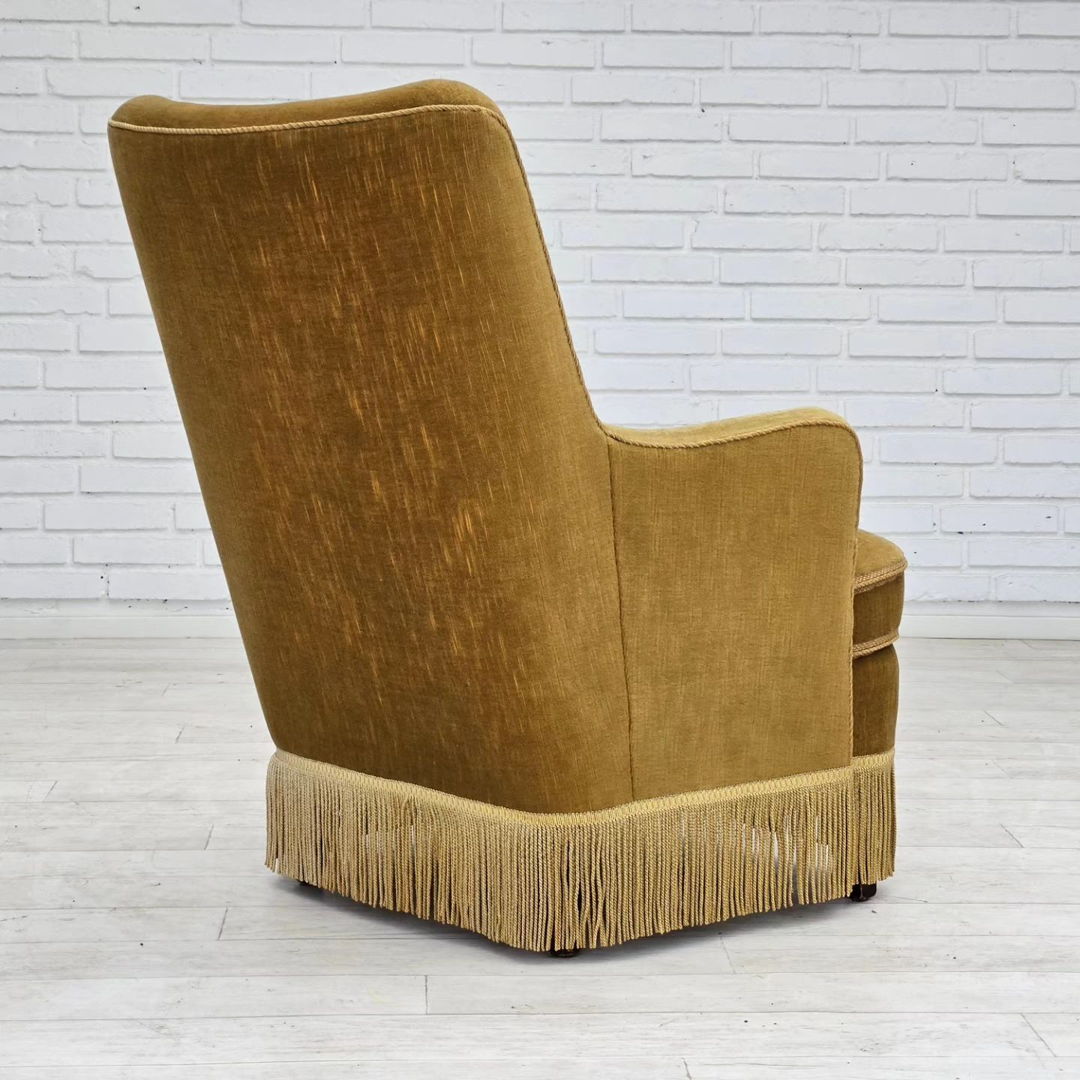 1960s, Danish armchair, original upholstery, light green velour.