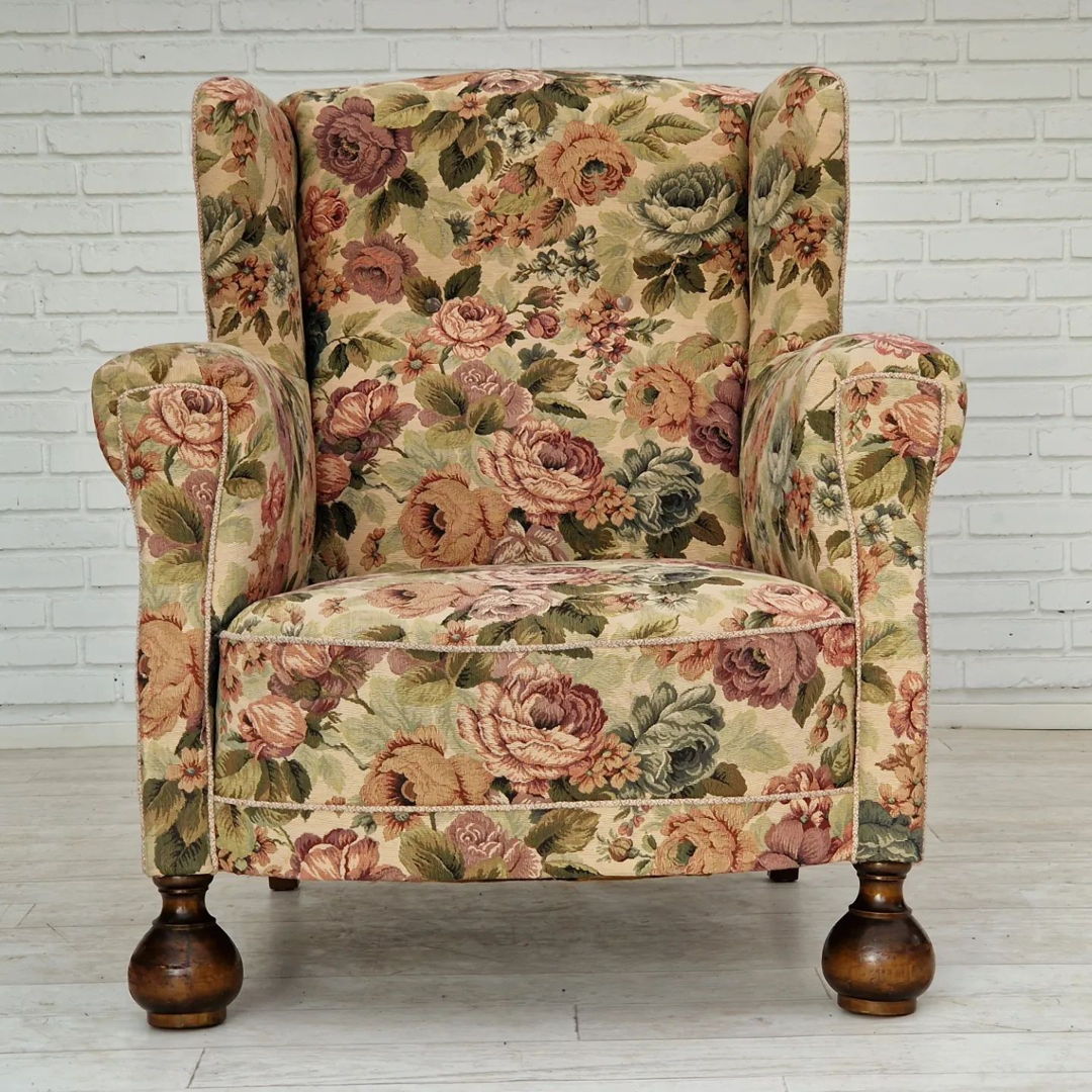 1950s, Danish vintage relax chair in "flowers" fabric, original condition.