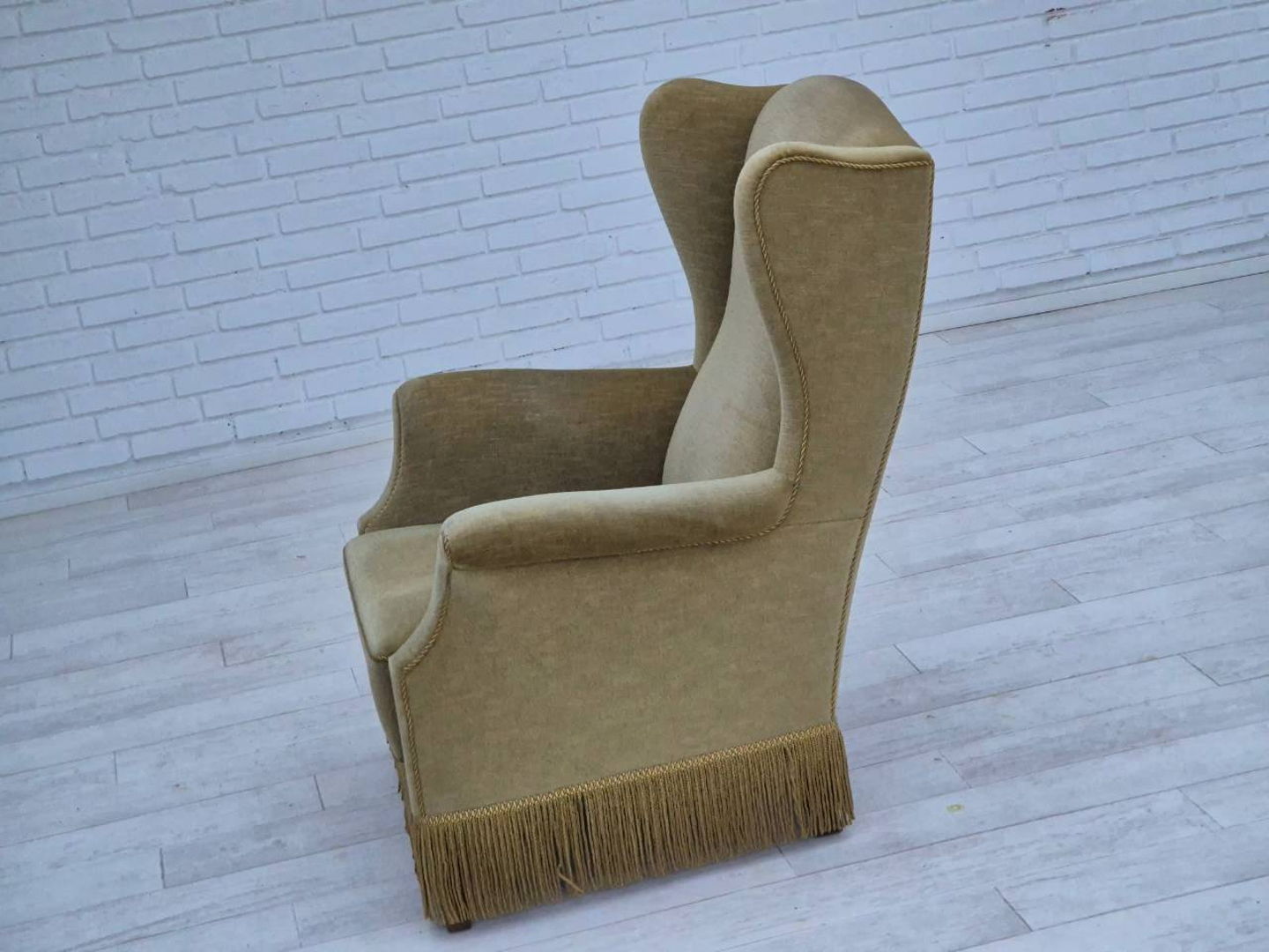 1970s, Danish design, wingback armchair, original condition, furniture velour, beech wood legs.