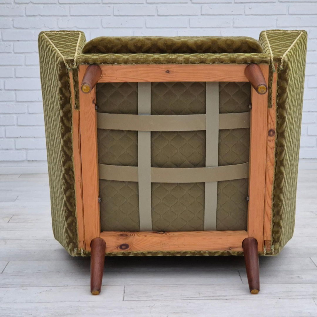 1970s, Danish highback armchair by Georg Thams, original upholstery, green velour, teak wood.