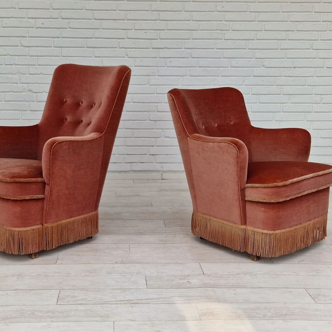 1970s, Danish set of two velour armchairs, original condition, beech wood.