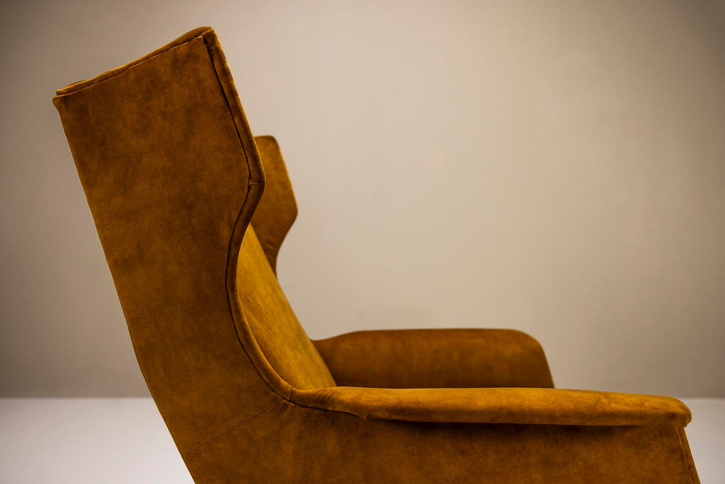 Italian Wingback Lounge Chair In Ocher And Metal, Italy 1950's