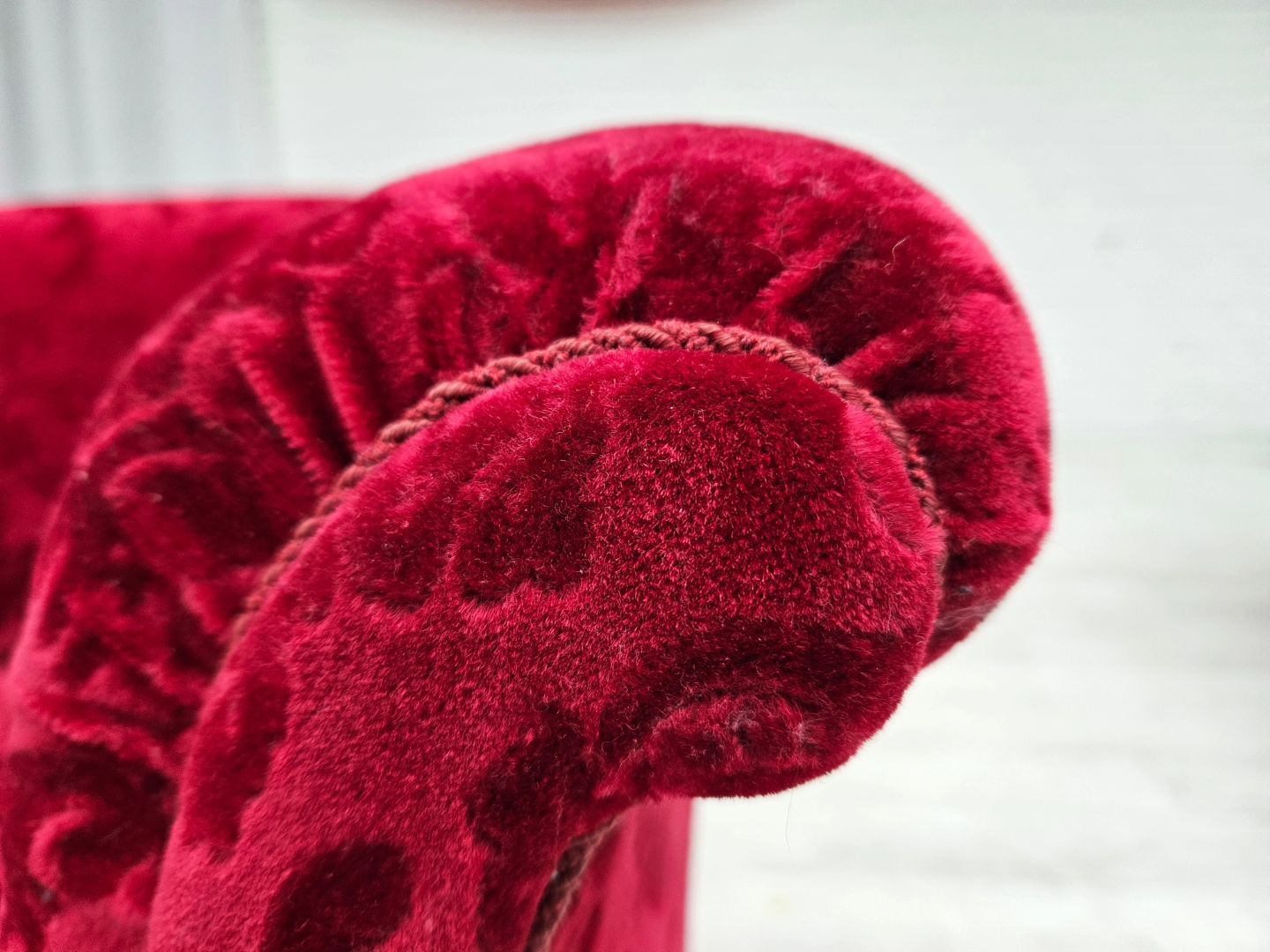 1950s, pair of Danish lounge chairs, red cotton/wool fabric.