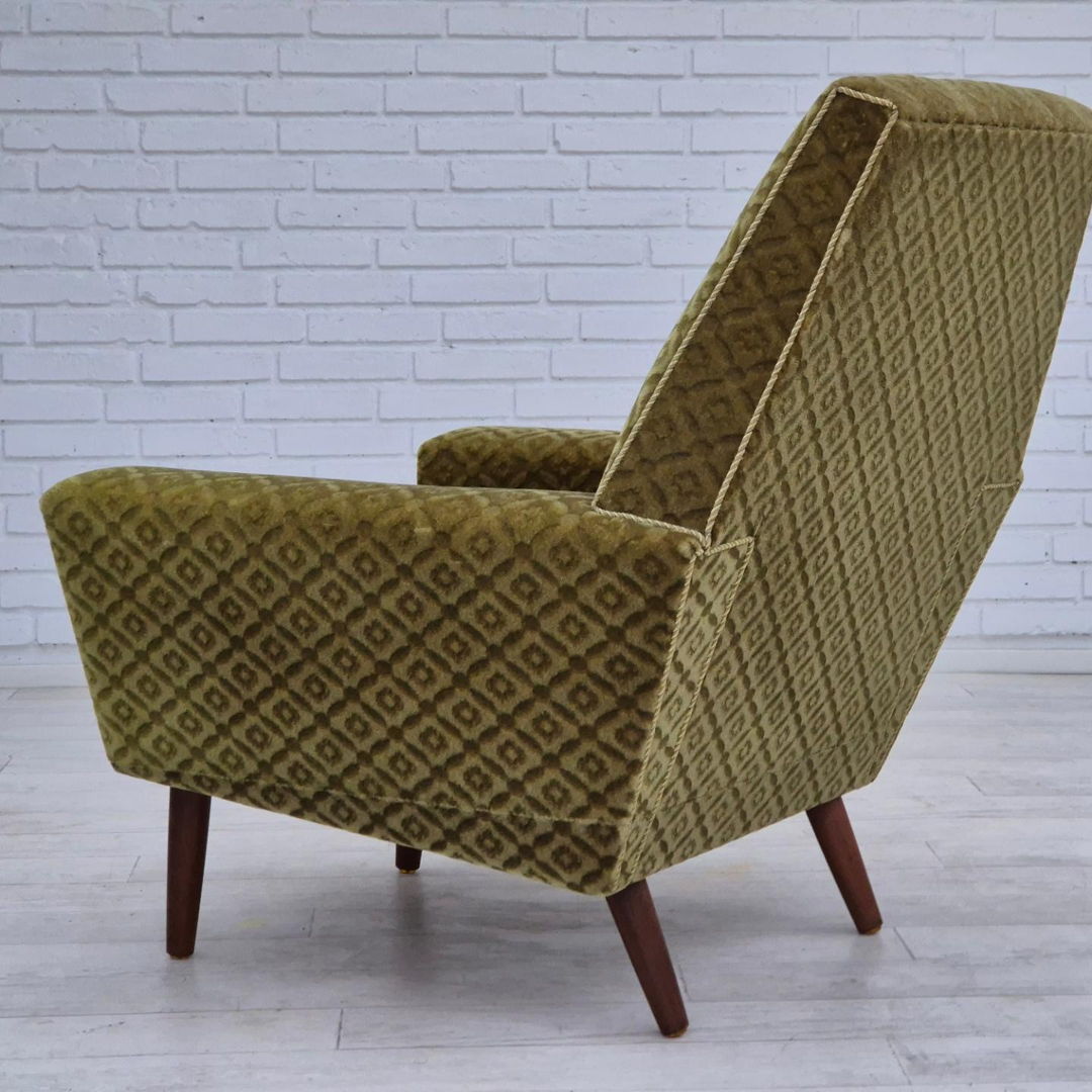 1970s, Danish highback armchair by Georg Thams, original upholstery, green velour, teak wood.