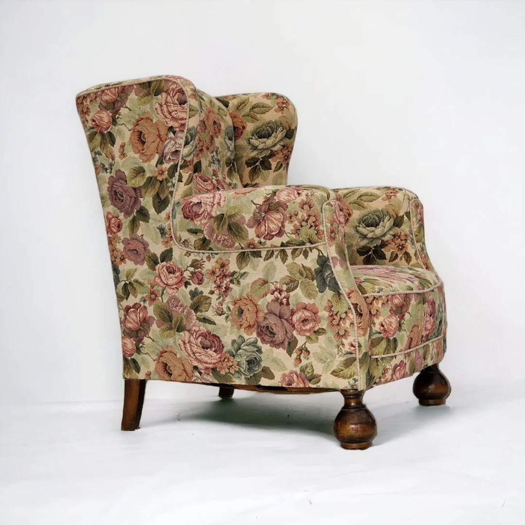 1950s, Danish vintage relax chair in "flowers" fabric, original condition.
