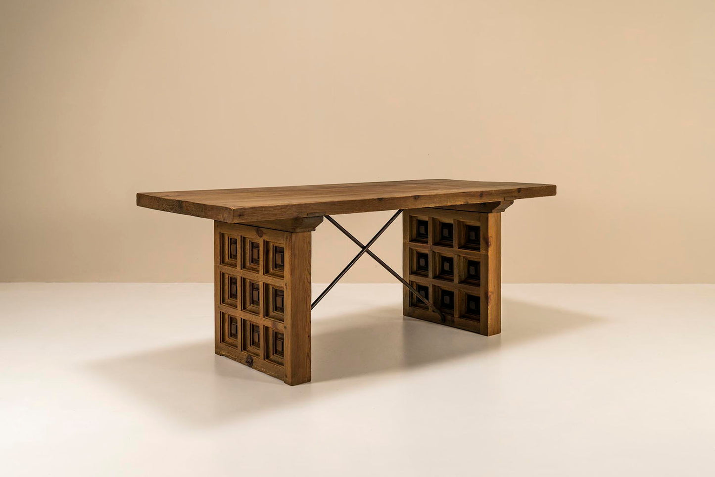 Biosca Dining Table With Geometric Patterns In Pine, Spain 1960s