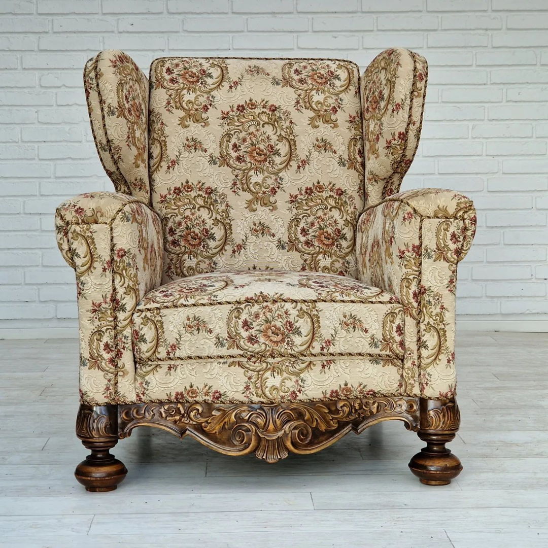 1950s, Danish vintage relax chair in "flowers" fabric, very good condition.