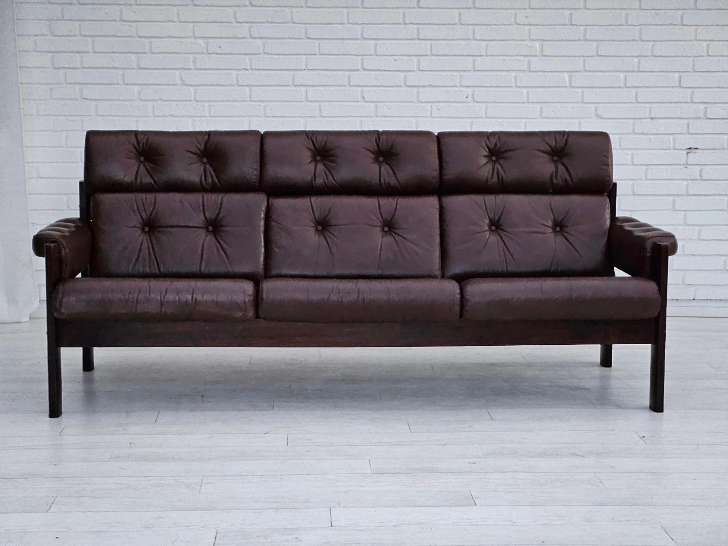1970s, Danish 3 seater sofa, original good condition, leather, oak wood.