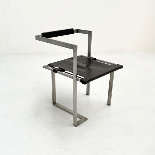 Chromed Steel and Black Leather Armchair, 1980s
