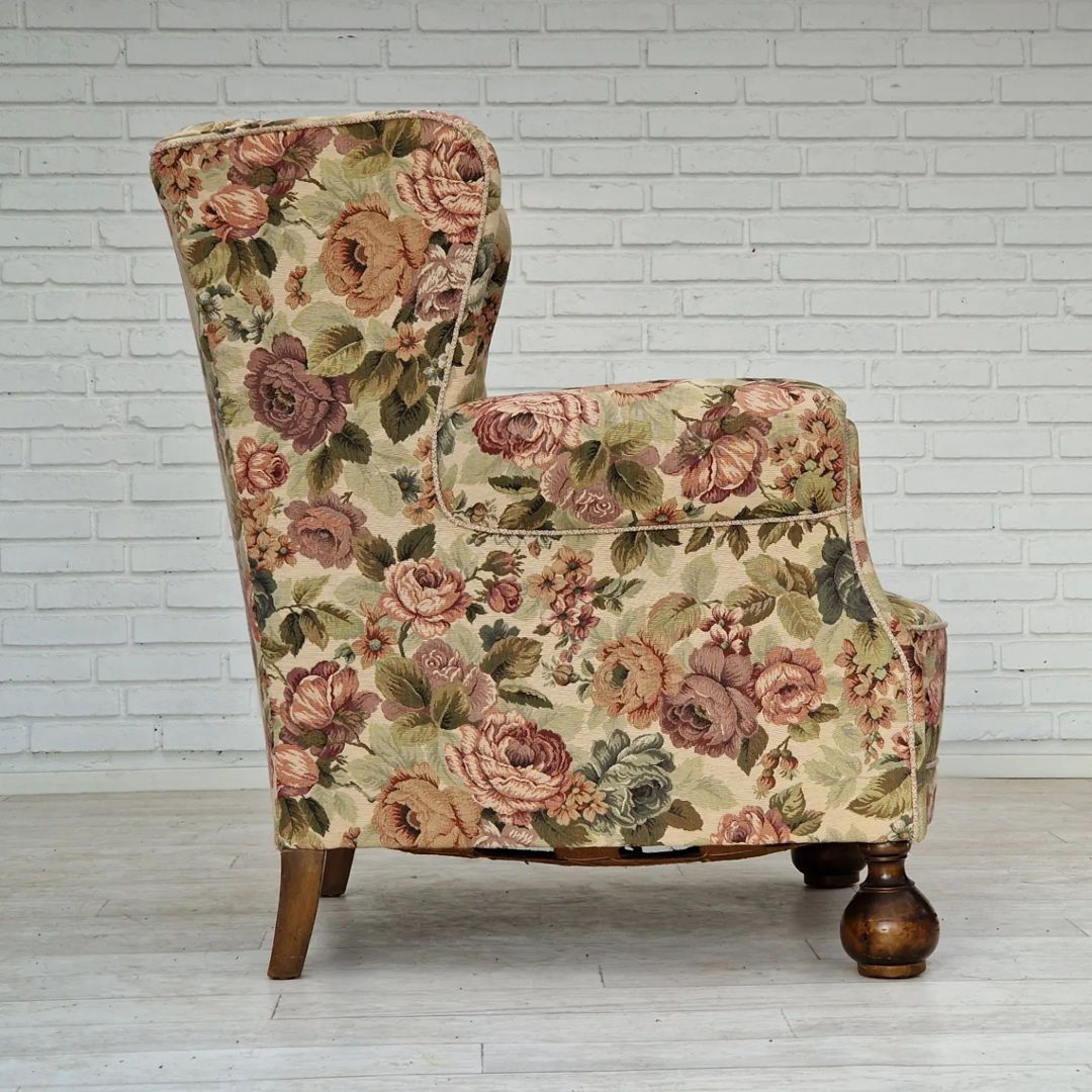 1950s, Danish vintage relax chair in "flowers" fabric, original condition.