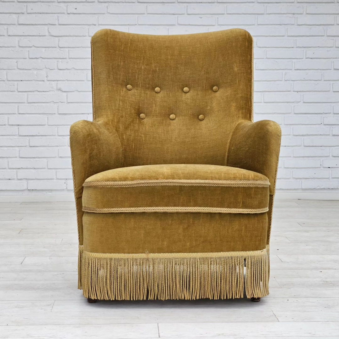 1960s, Danish armchair, original upholstery, light green velour.