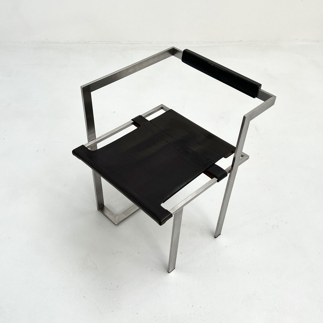 Chromed Steel and Black Leather Armchair, 1980s