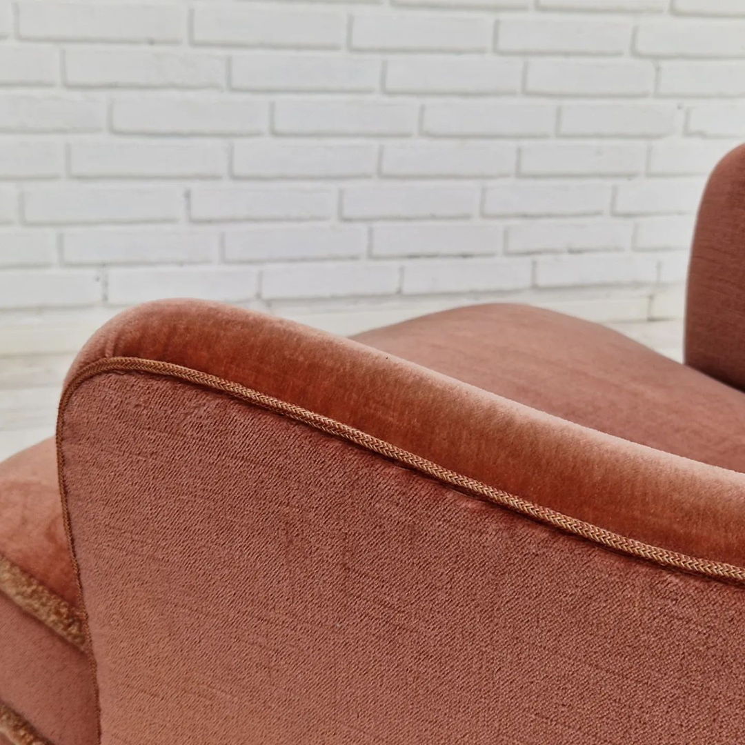 1970s, Danish set of two velour armchairs, original condition, beech wood.