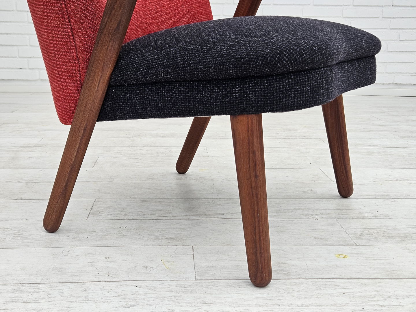 1960s, Danish design by Erhardsen & Andersen, reupholstered armchair, furniture wool, teak wood.