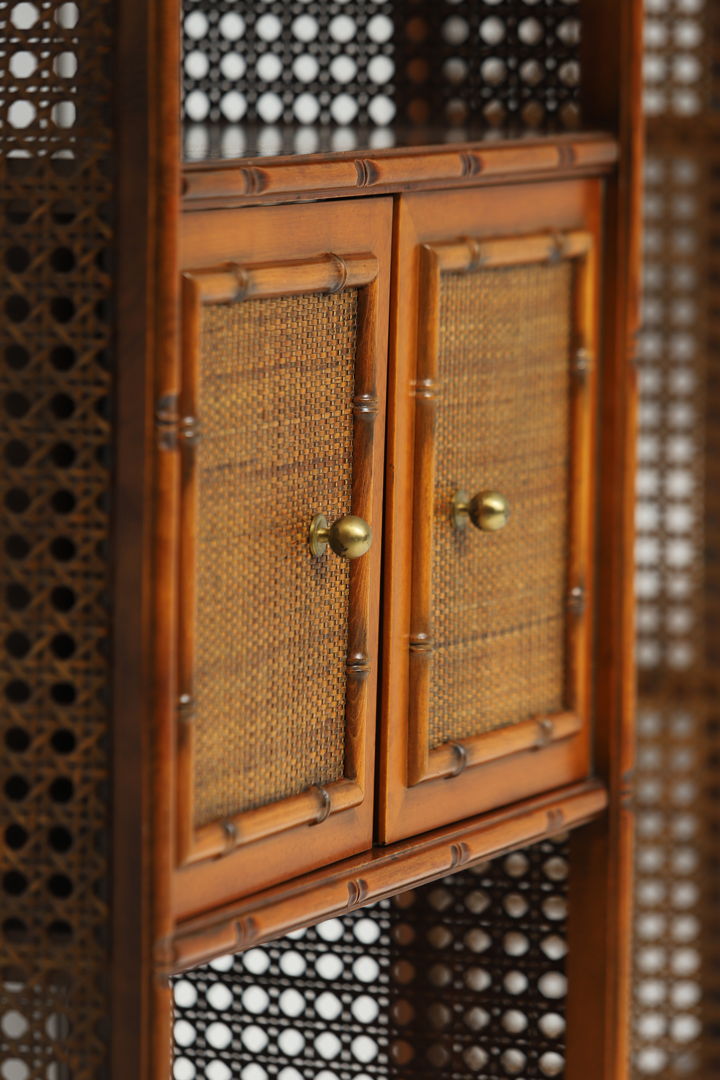 Pair of bohemian rattan bookcases with arch top and brass details 1970