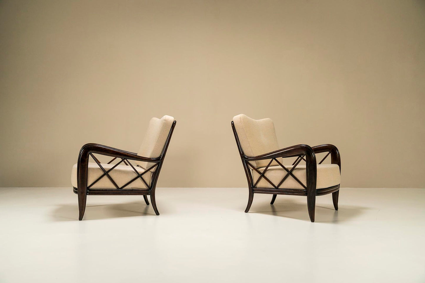 Set Of Two Paolo Buffa Lounge Chairs In Ebonized Wood And Beige Upholstery, Italy 1940s