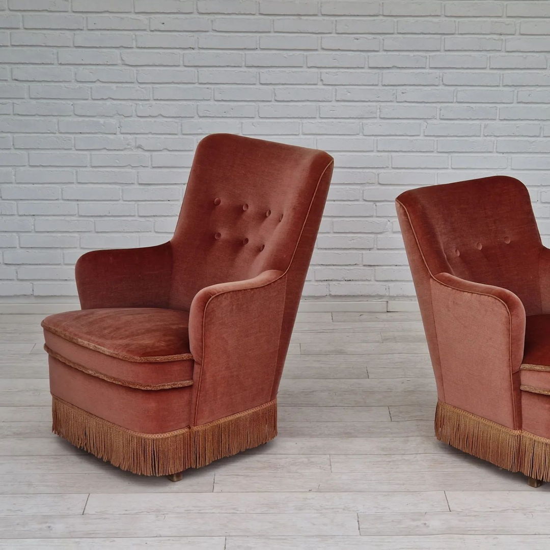 1970s, Danish set of two velour armchairs, original condition, beech wood.