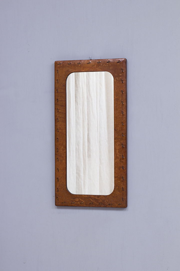 Vintage French Leather-Covered Wall Mirror from the 1950s