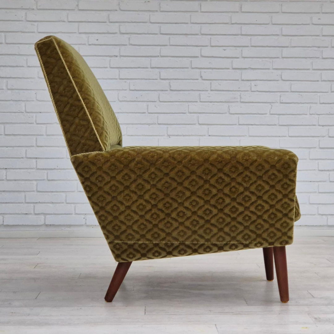 1970s, Danish highback armchair by Georg Thams, original upholstery, green velour, teak wood.