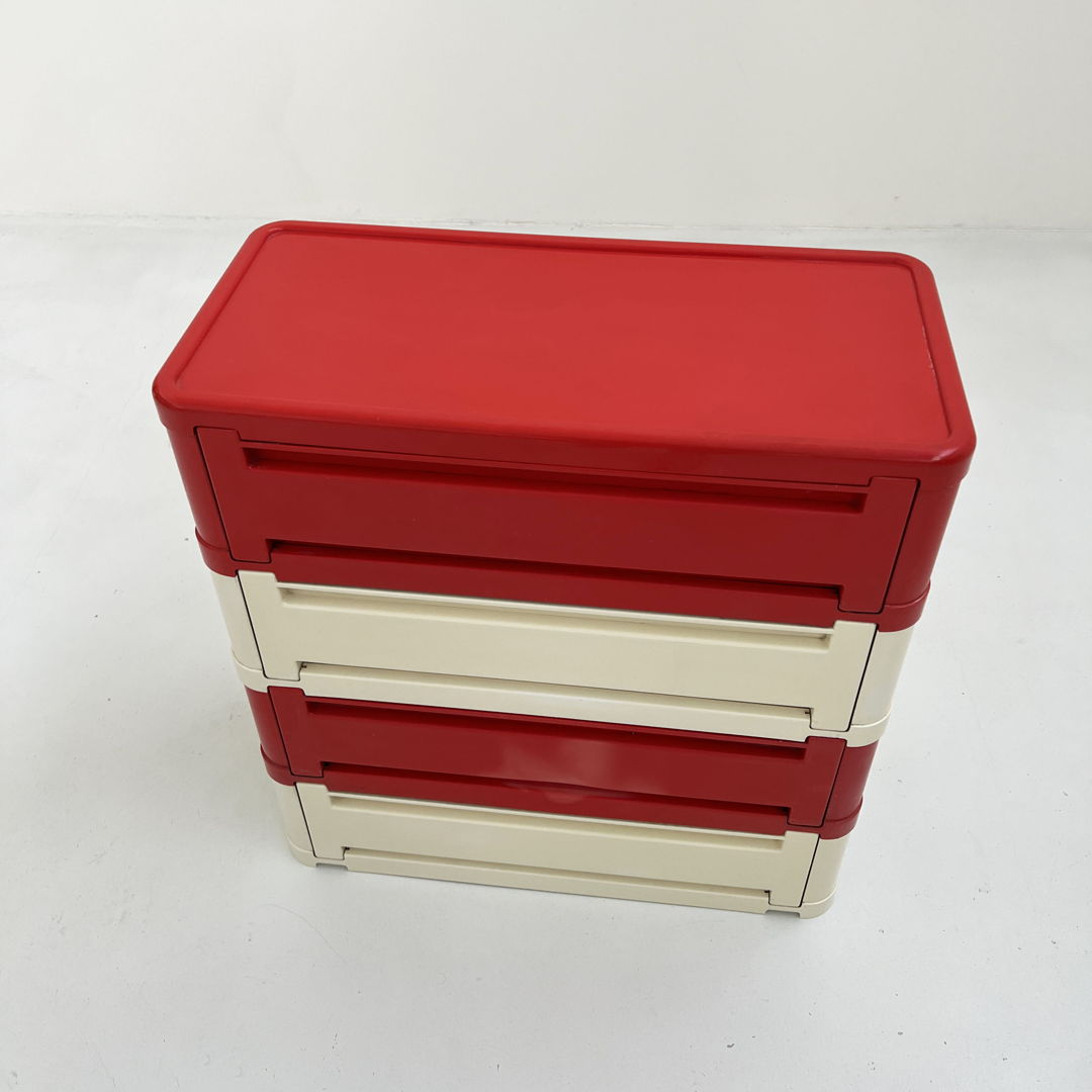 Red/White Chest of 4 Drawers Model “4964” by Olaf Von Bohr for Kartell, 1970s