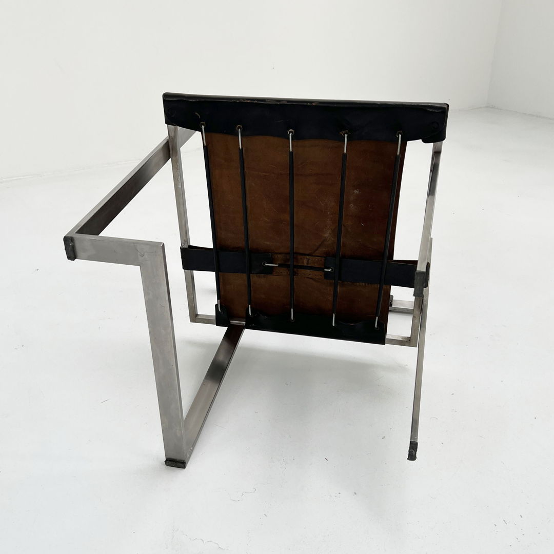 Chromed Steel and Black Leather Armchair, 1980s