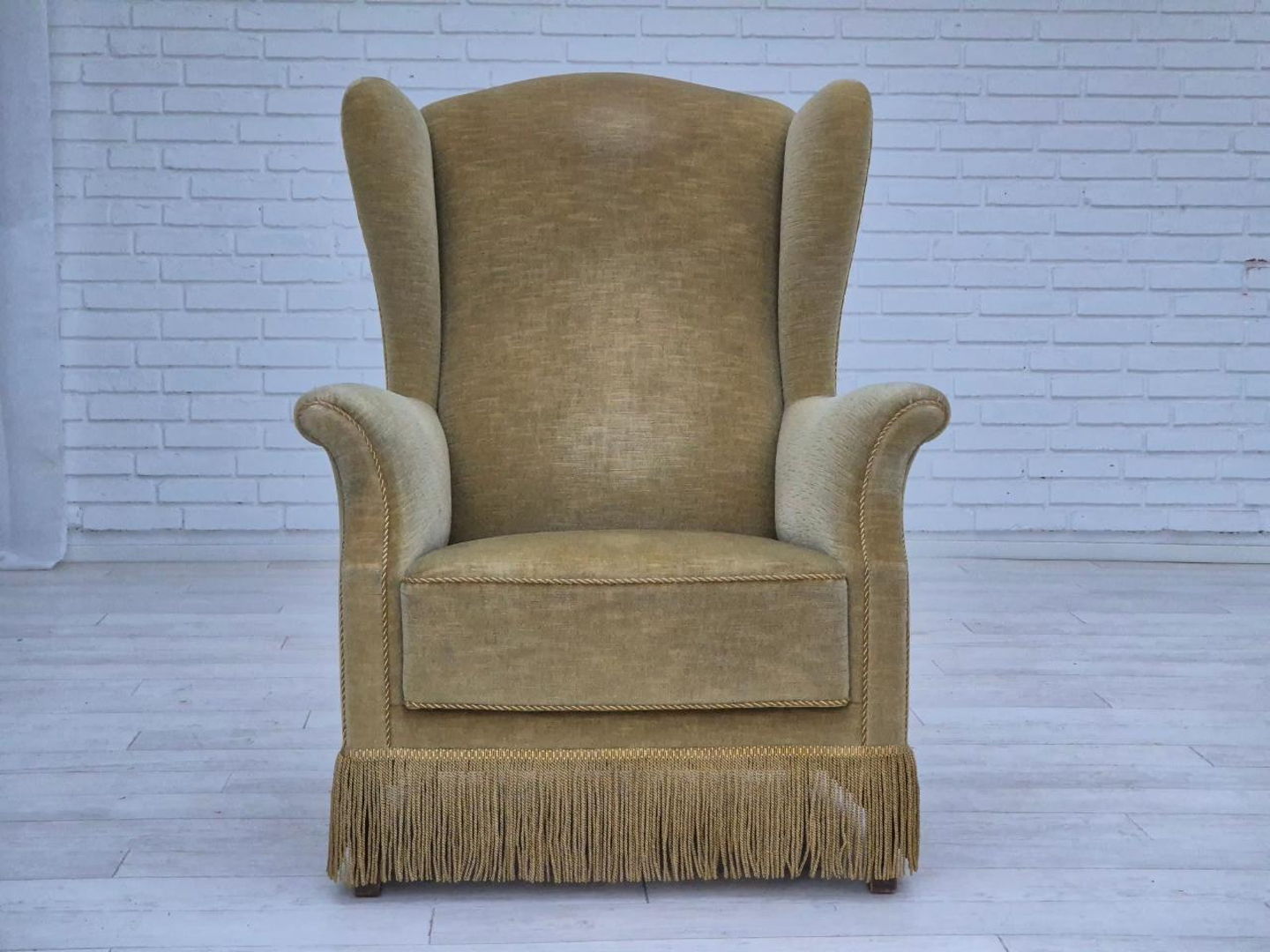 1970s, Danish design, wingback armchair, original condition, furniture velour, beech wood legs.