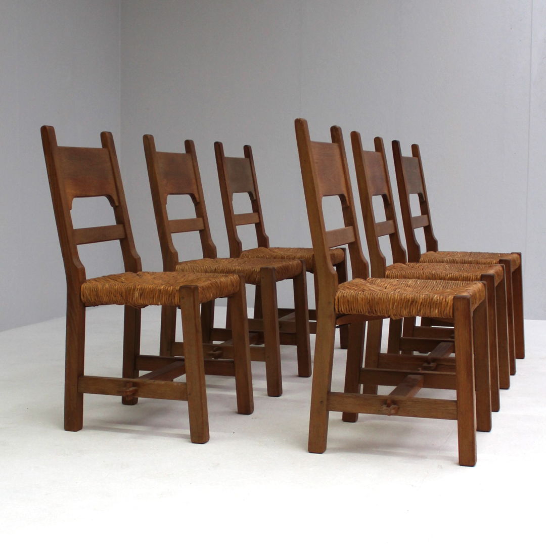 Brutalist set of 6 chairs with rush seat
