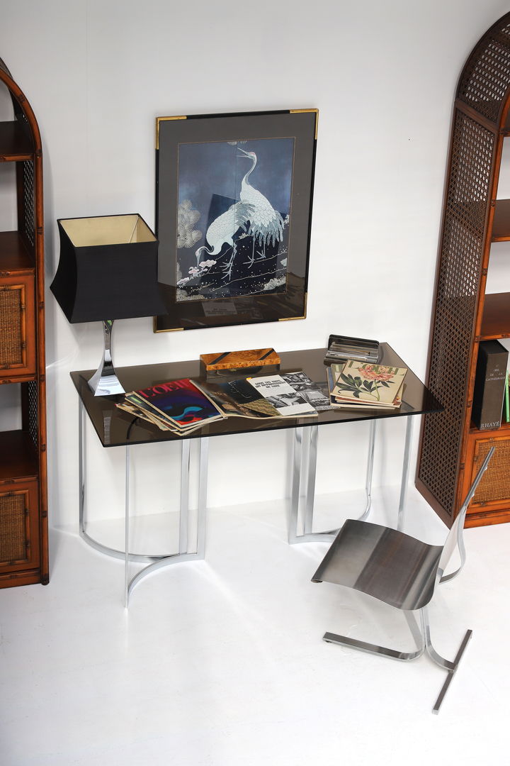 Pair of bohemian rattan bookcases with arch top and brass details 1970