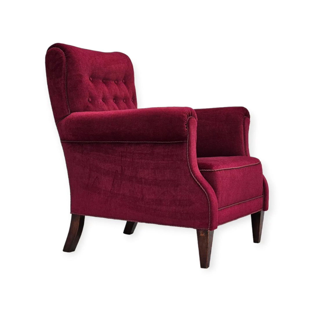 1950s, Danish vintage armchair in cherry-red velvet, original condition.