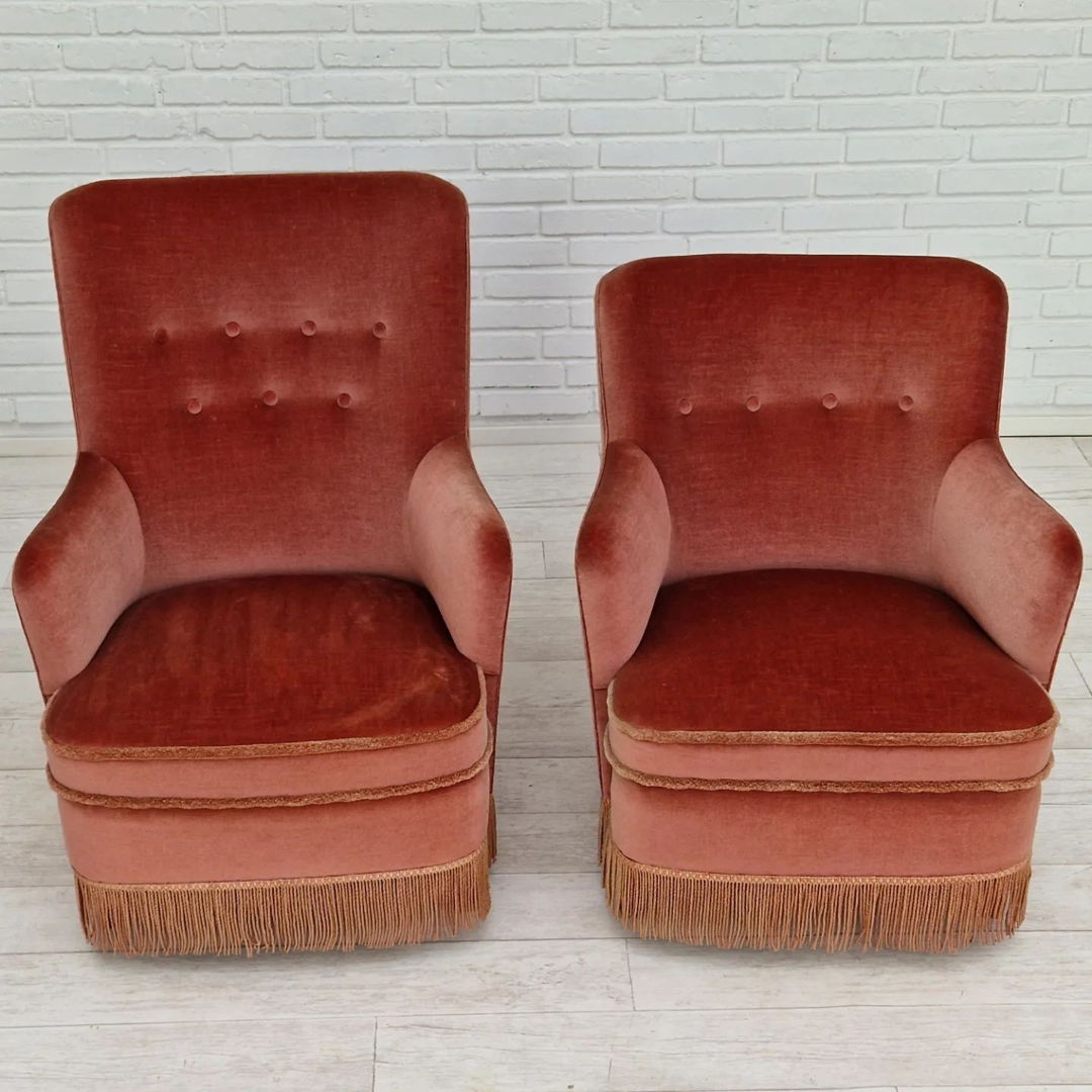 1970s, Danish set of two velour armchairs, original condition, beech wood.