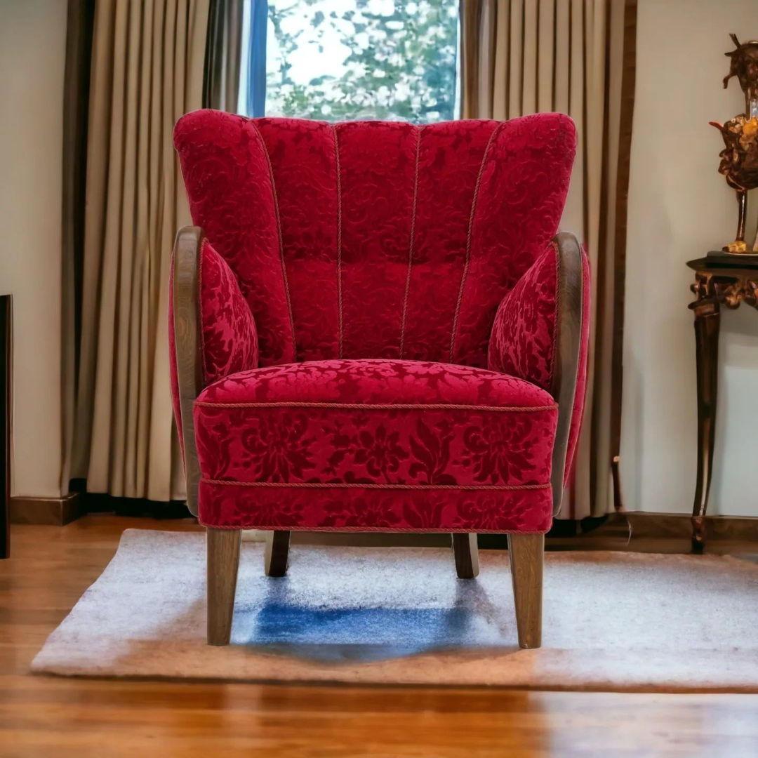 1960s, Danish design, armchair in cherry red fabric, original very good condition.