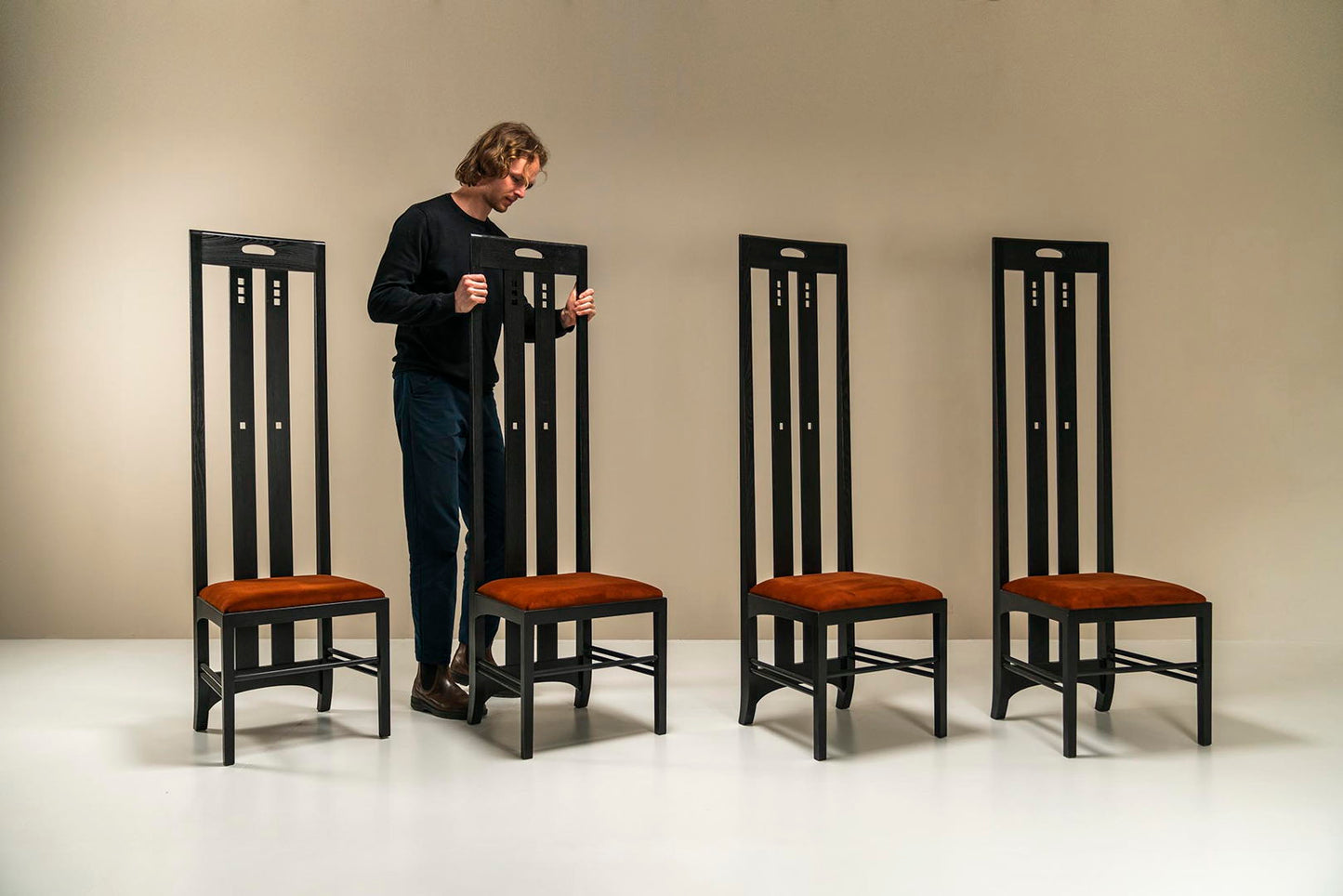 Set of 4 highback "Ingram" Dining Chairs in Ash and Fabric by Charles Rennie Mackintosh, Italy 1980s