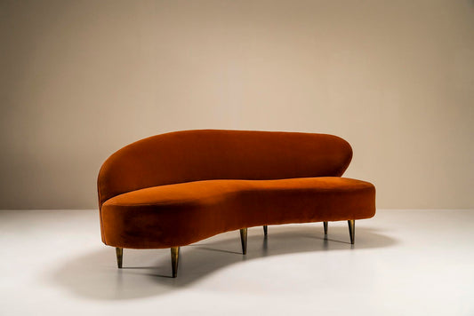 Curved Sofa In Ocher Velours Attributed To Federico Munar, Italy 1950s.