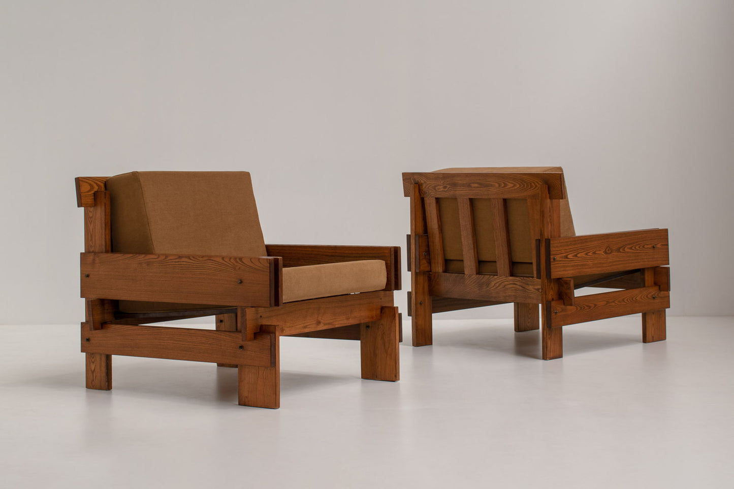 Pair of Sculptural French Lounge Chairs in Red Elm, 1970s