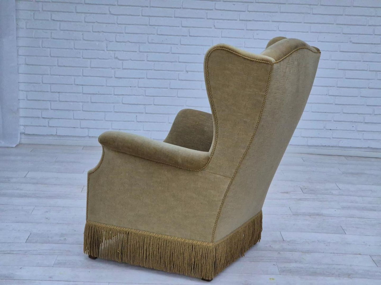 1970s, Danish design, wingback armchair, original condition, furniture velour, beech wood legs.