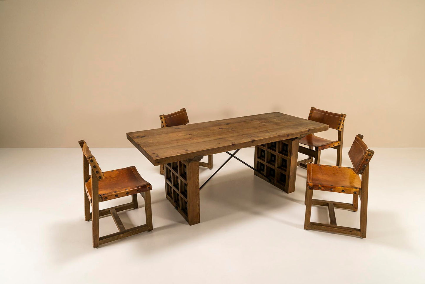 Biosca Dining Table With Geometric Patterns In Pine, Spain 1960s