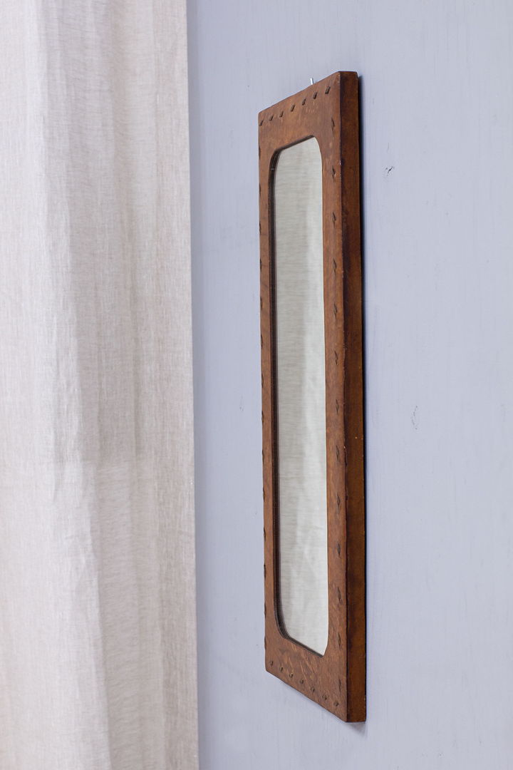 Vintage French Leather-Covered Wall Mirror from the 1950s