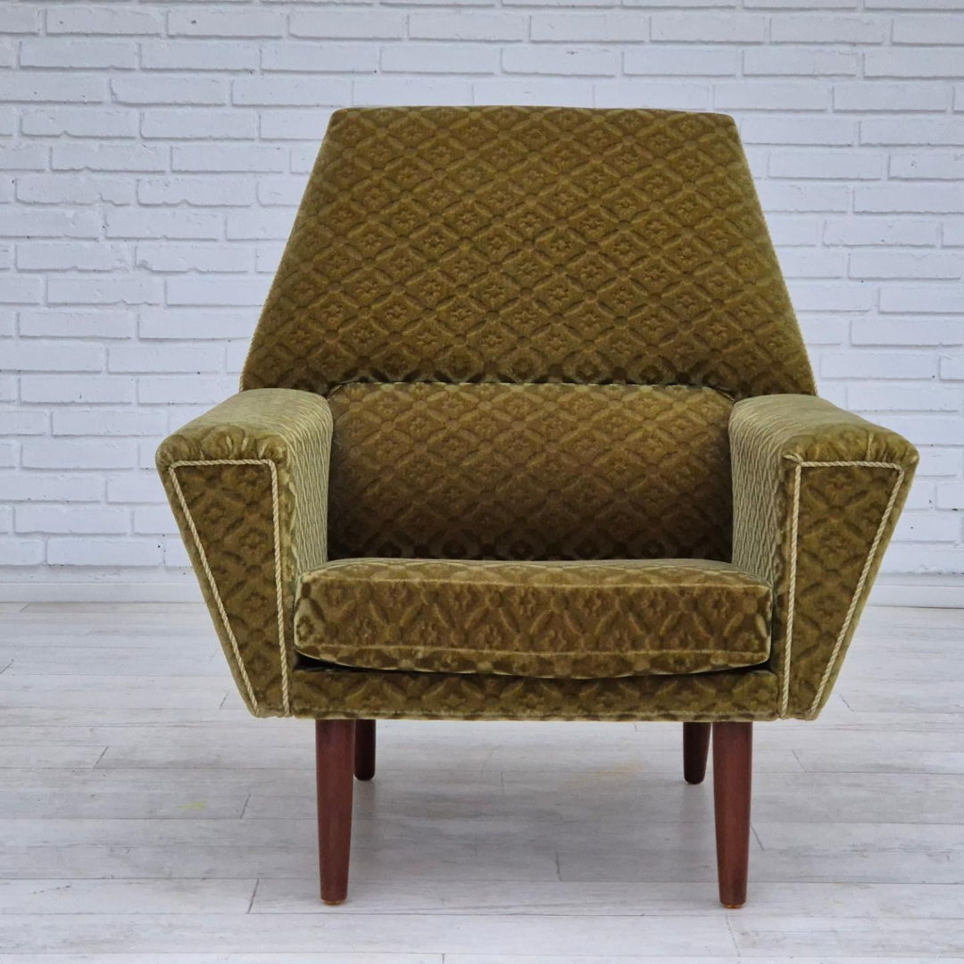 1970s, Danish highback armchair by Georg Thams, original upholstery, green velour, teak wood.