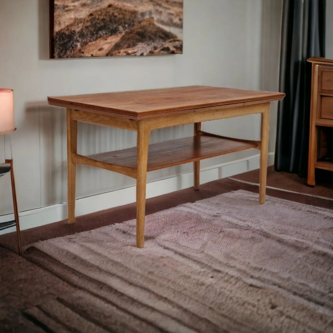 1970s, Danish design, folding sofa table, teak and oak wood.