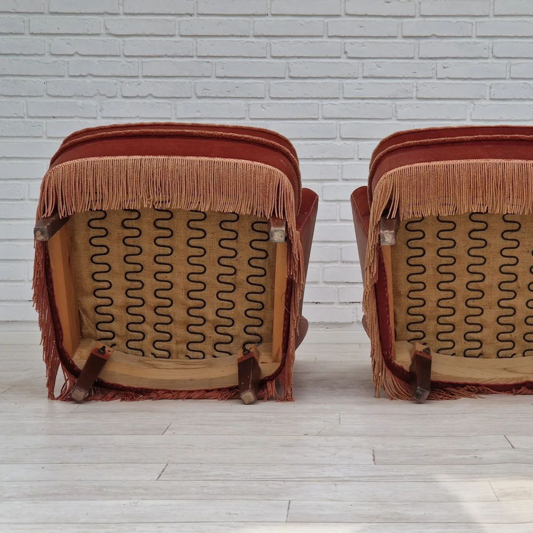 1970s, Danish set of two velour armchairs, original condition, beech wood.