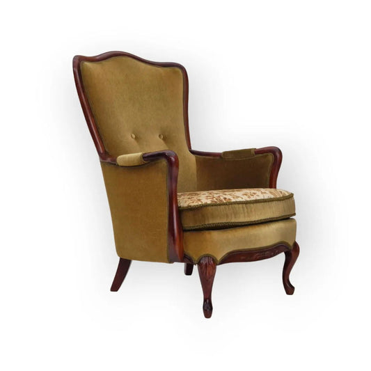 1950s, Danish highback armchair, original upholstery, green velour.