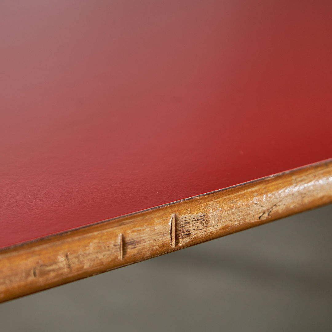 Large Wooden Table with Matte Colour Top and Metal Elements