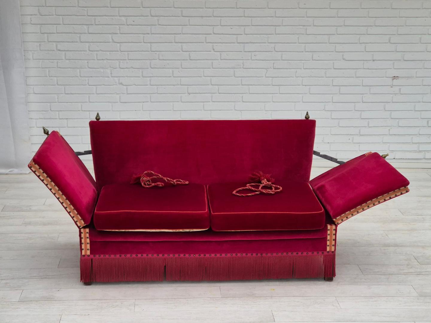 1970s, Danish velour 2 seater drop arm sofa, cherry-red velour, original condition.