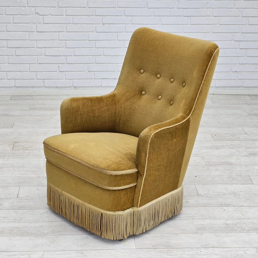 1960s, Danish armchair, original upholstery, light green velour.